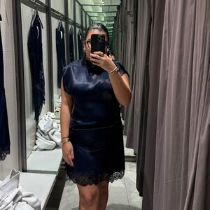 Zara Navy Blue Satin Mini Dress with Lace Hem